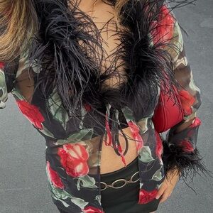 Red Black Floral Sheer Top with Feather Trim